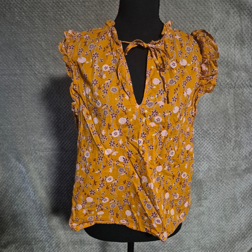 BB Dakota Steve Madden Floral Ruffle Sleeve Tie Neck Top Mustard Yellow Medium